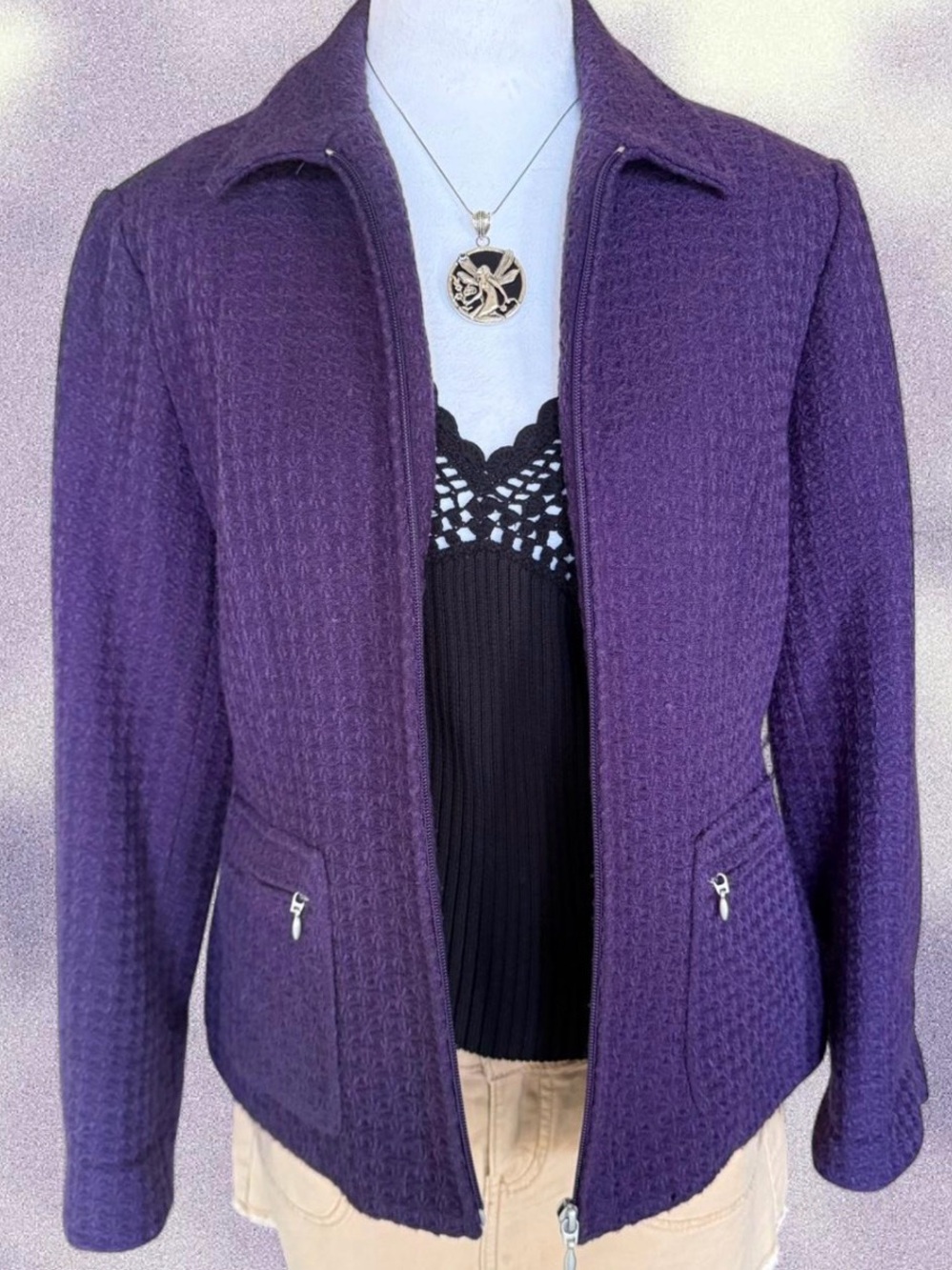 Coldwater Creek Plum Textured Jacket Petite 10 Zip Front Blazer